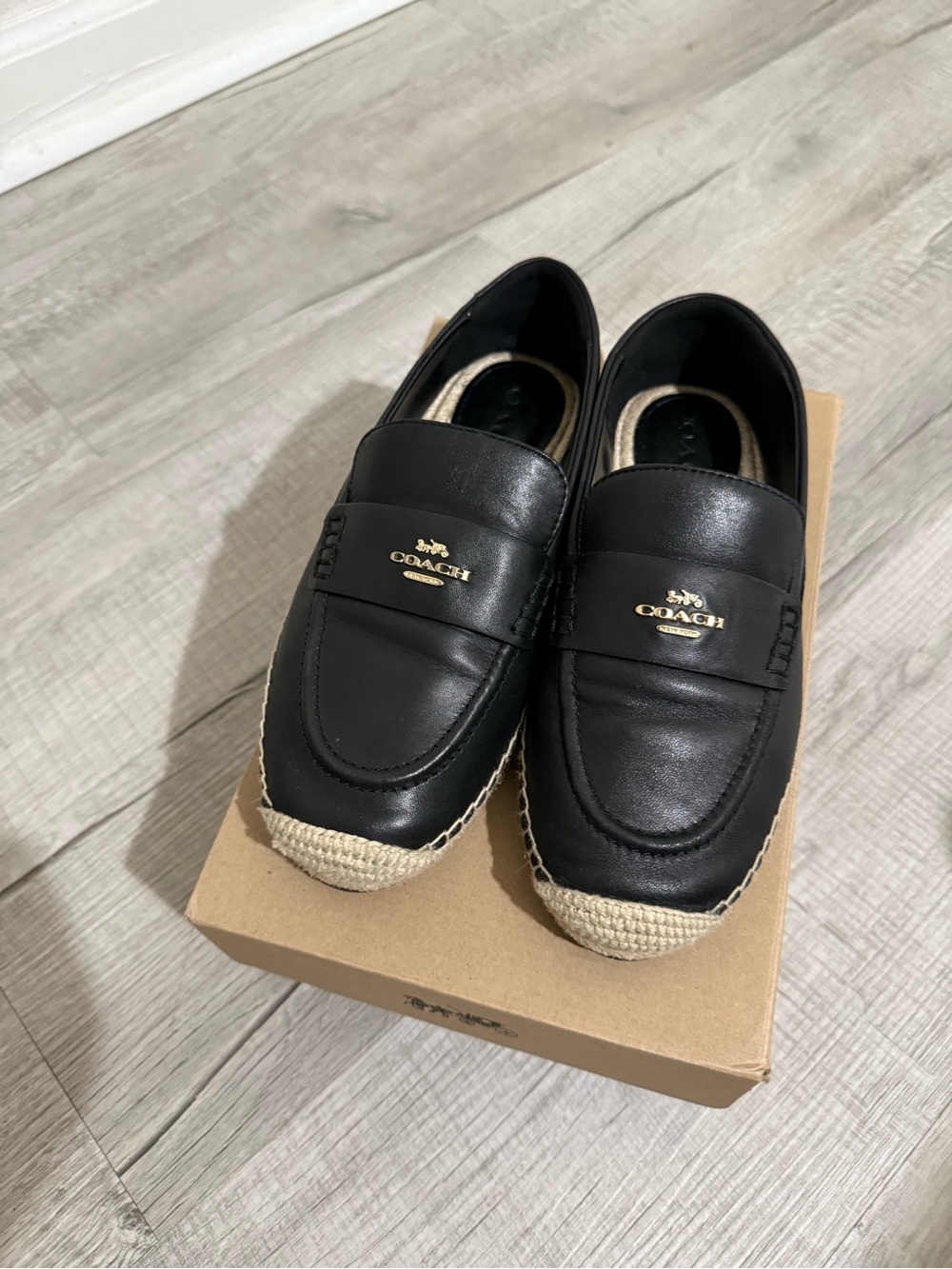Coach Black Leather Espadrille Penny Loafers with Gold Logo